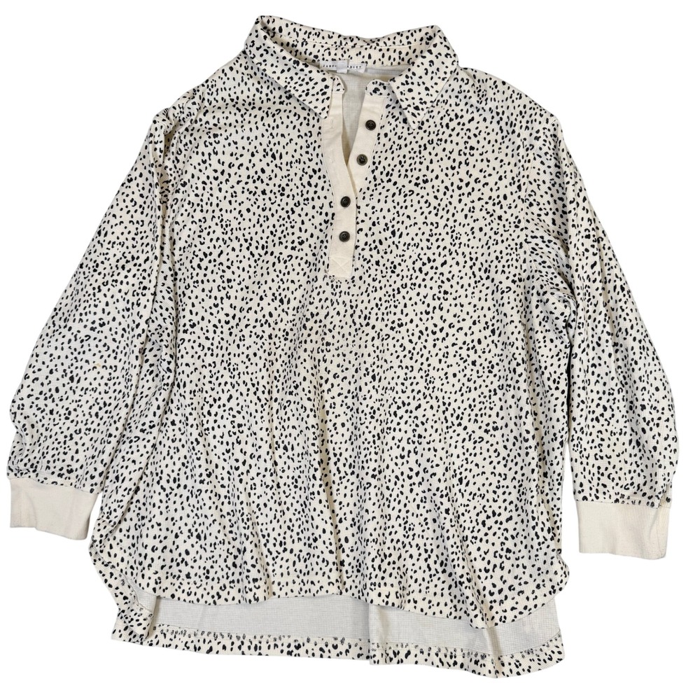 Jane + Delancey Cream Black Animal Print Waffle Knit Polo Top Plus Size 3X